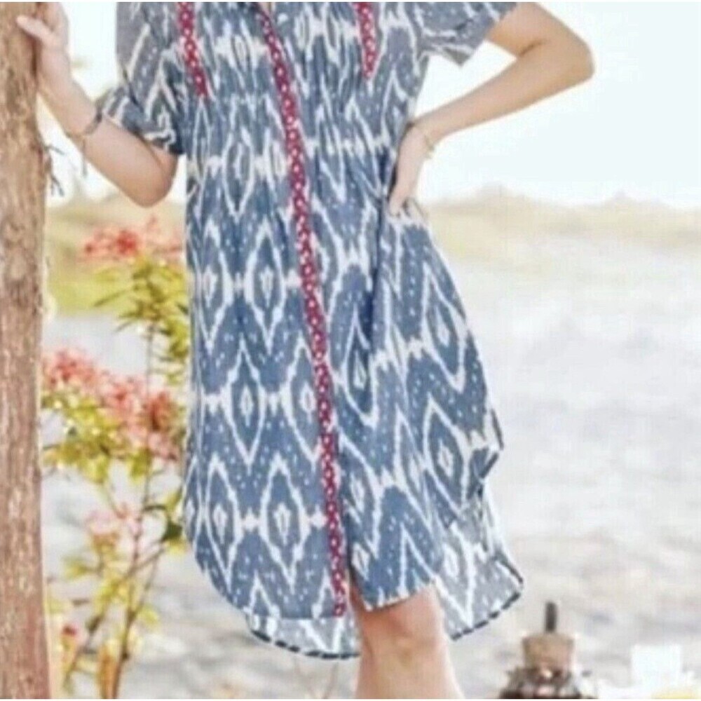 Sundance Isabel Ikat Shirt Dress With Embroidery Women Size M Beach Cottagecore